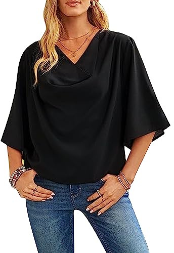 Tee Shirt Femme Col V Chiffon Blouse Femme Manches Evasées Chemisiers et Blouses Femme Décontracté Tunique Loose Haut Elégants Top D'été Chemise de Chic de Couleur Unie(Noir XL)