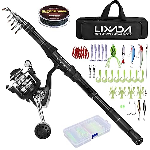 Lixada Teleskop-Angelrute und Rollen-Set mit Angelschnur, Angelköder-Set und Zubehör und Tragetasche Angelzubehör, ideal für Reisen, zum Angeln in Salzwasser und Süßwasser
