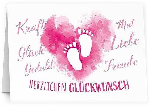 XXL Glückwunschkarte (A4) zur Geburt Mädchen Rosa Fußabdruck - hochwertige Klappkarte | Große Karte Grußkarte Glückwunsch mit Umschlag Baby Eltern