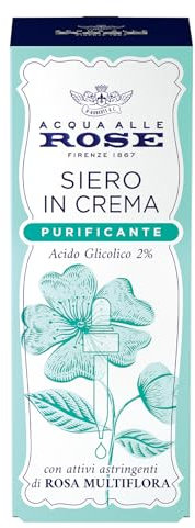 Acqua alle Rose, Siero Viso in Crema Fluida Purificante, Concentrato Attivo di Acido Glicolico (2%) e Attivi Astringenti di Rosa Multiflora, Pelli Impure e Miste, Purifica, Esfolia e Reidrata - 30 ml