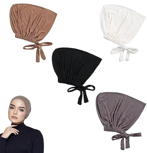 Cognitivex 4PCS Hijab Undercap Underscarf Breathable Modal Elastic Head Wraps for Women Chemo Sleep Cap Adjustable Tie Back Solid Color Soft Hijab Turban