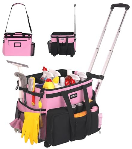 JKAOO Large Cleaning Caddy Bag with Removable Trolley, Waterproof Cleaning Caddy on Wheels for Housekeepers, Cleaning Trolley, Organizer for Home, Car, Office, Picnic (Pink) (Patent)