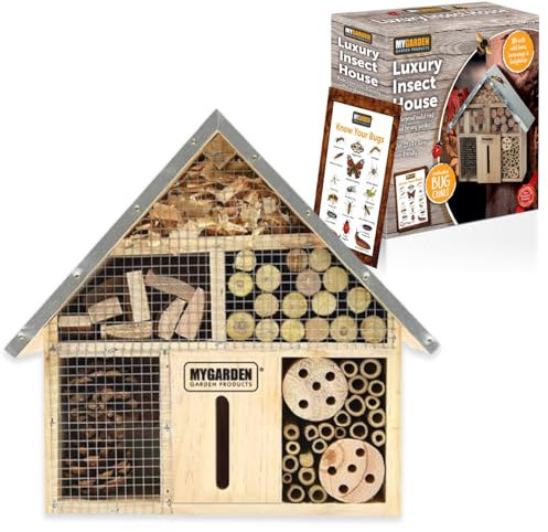 My Garden Bug Hotel Wooden Bee Hotels for Gardens UK With Bug Chart - Weather Resistant Hanging Insect Hotel for Ladybug Butterfly Wild Bees - Eco Friendly Bamboo Nesting Habitat - Wood