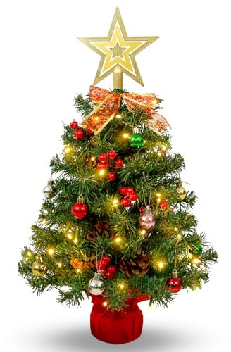 Uten Mini Albero di Natale, 60 cm Alberi di Natale con 50 Luci LED, 6 Gruppi Bacche Rosse, 6 Pigne, Stelle, Fiocchi e 20 Palline di Natale per Ufficio, Soggiorno, Davanzale