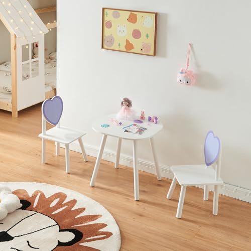 [en.casa] Conjunto Infantil de Mesa y 2 Sillas Siljan con Respaldo en Forma de Corazón Juego Elegante de 3 Piezas para Niños y Niñas Madera de Pino - Blanco/Lila