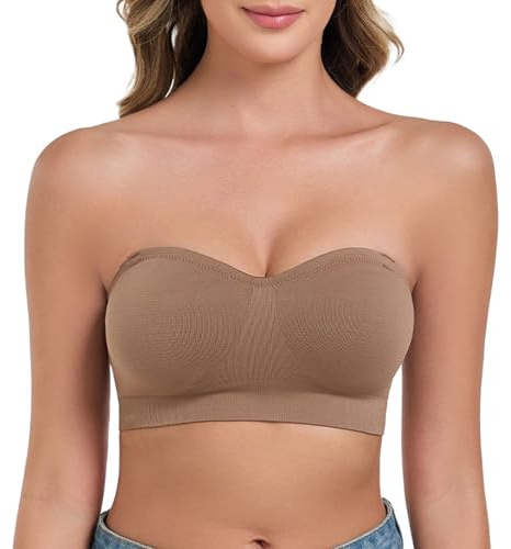 ANGOOL Strapless Bras for Women Non Wired Bandeau Bra Seamless Padded Non Slip Stay Up Supportive Lift Lightweight Breathable Multiway Bra, Brown, XL