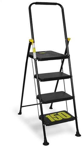Taburete escalera plegable de 4 peldaños, certificado EN14183, soporta hasta 150 kg, antideslizante, ahorra espacio, profesional, blanco o negro, para casa, oficina, almacén (4)