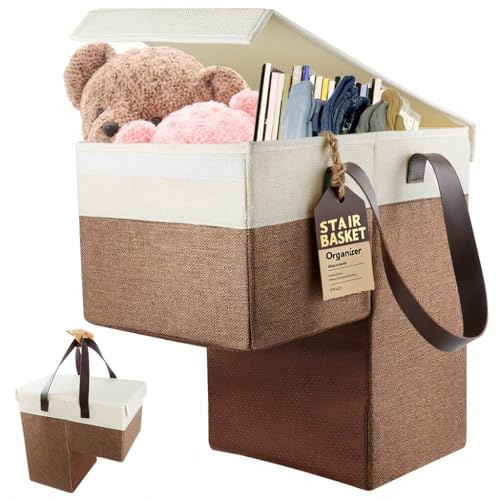 Ecopandy Cesto a Gradini Grande e Leggero a Forma di L in Lino con Coperchio, Cesto Pieghevole per Organizzazione, Cesto per Scale, Cestino per Biancheria, Giocattoli, Organizzatore per la