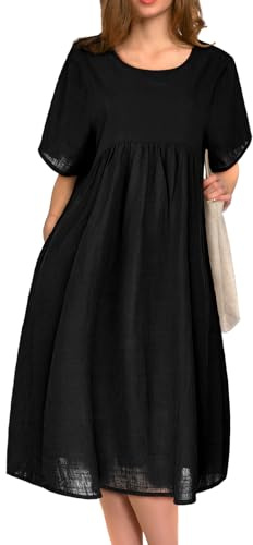 BSBUY Robe d'été Décontractée à Manches Courtes Plissée avec Poches, Robe Droite Femme, Robe Grande Taille, Robe de Plage, Robe Legere Fluide Ete, Robe Femme Chic et Elegant mi Longue(Noir, L)