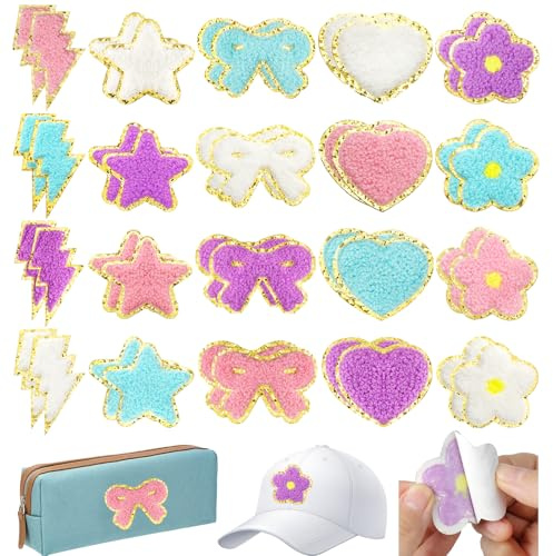 40 Pcs Self Adhesive Chenille Patches, Stick on Patches Cute Glitter Fabric Stickers Patches Applique for Backpacks Clothing Fabric Repair Decor (4 Colors+5 Styles)