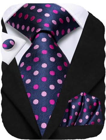 Hi-Tie Mens Tie Set Silk Navy and Hot Pink Polka Dot Necktie Woven Ties with Pocket Square Cufflinks Set for Wedding