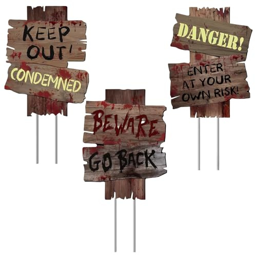Swiftctrl Juego de 3 carteles decorativos de Halloween al aire libre, señales de advertencia para jardín con estacas, decoración sangrienta para Halloween, casa y césped, resistente a la intemperie