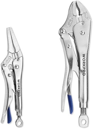 WORKPRO 2-Piece Locking Pliers Set, 6.5 Inch Long Nose & 10 Inch Curved Jaw, CR-MO Steel Construction with Adjustable Screw, Multipurpose Clamping Tool for Automotive, Welding, and Home DIY