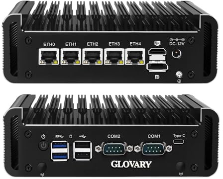 Glovary Mini PC Firewall Quad Core J6413, 5 x i226V 2.5GbE LAN Micro Fanless Industrial Computer, 2 x RS232 COM Port, AES-NI, HD+DP+USB-C 3 Display, 2USB3.0, 2 x SATA3.0, Barebone