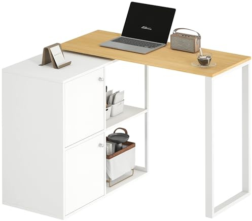 HOMCOM Schreibtisch L-förmig, 360° drehbarer Eckschreibtisch mit 2 Lagerschränken, 2 offenen Regalen, Computertisch für kleine Räume, Arbeitszimmer, Wohnzimmer, 150x40x75 cm, Weiß