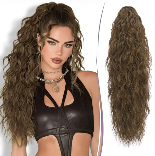 RUWISS Coleta Postiza Pelo Natural con Pinza Cola Postiza Larga Rizada Ondulado Cola de Caballo Sintético Coleta Postizos para Mujeres, 76 cm Marrón Musgo