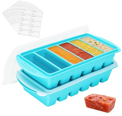 10PCS Freezer Labels +Silicone Soup Moulds with Lid 2 Pack 1/2 Cup Soup Freezer Tray Food Storage Containers for Freezing Extra Large Ice Cube Tray for Soupe, Broth, Sauce, Butter, Meal Prep,Blue