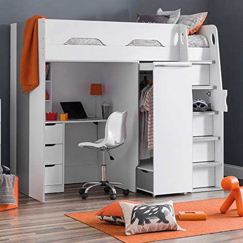 happybeds High Sleeper Storage Bed, Pegasus Wood Modern Desk Wardrobe Drawers Cupboards Loft Bunk (White, 3FT - Frame Only)