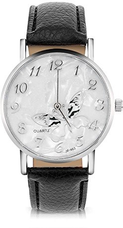Sonew Reloj de Cuarzo de Las Mujeres Reloj de Pulsera analógico Femenino Redondo Correa de Cuero de la PU Reloj de diseño de Mariposa Simple de la Manera(Black)