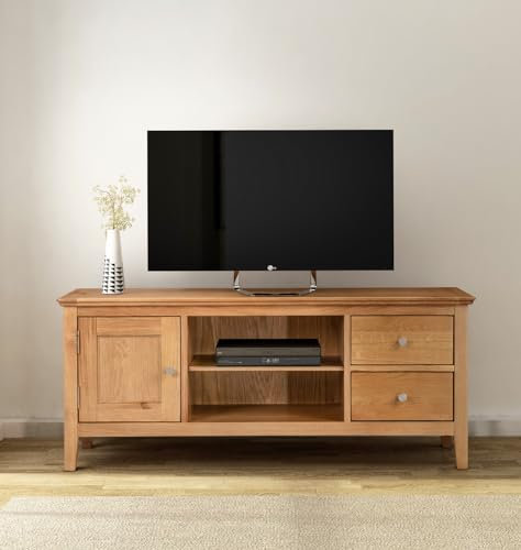 Hallowood Furniture Hereford Oak TV Unit, Large TV Stand Cabinet with 2 Drawers, Open Shelves and a Cupboard, Solid Wooden Light Oak Furniture for Living Room or Lounge