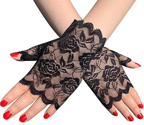 GIVBRO Guanti in pizzo senza dita, guanti da sposa vintage accessori per travestimenti da ballo bar per feste di ballo abito da sposa nero, 8,5 x 16 cm