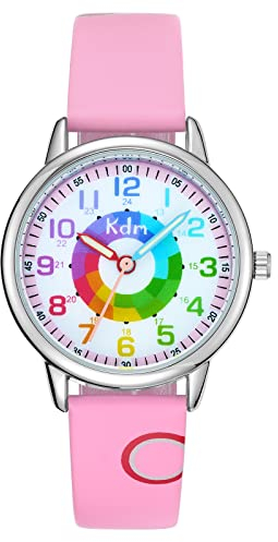 KDM Kinderuhr Mädchen Jungen Rosa Armbanduhr für Kinder, 30M wasserdichte Analog Quarzuhr, Teaching Handgelenk Uhren mit Leder Armband