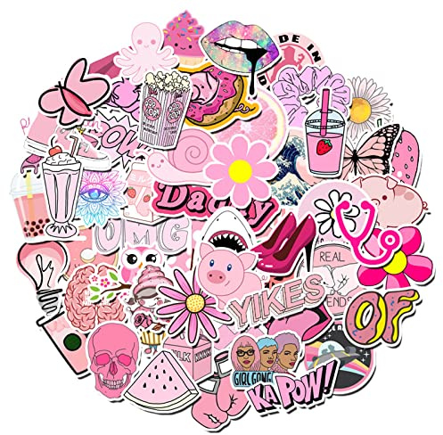 Stickers Aesthetic Pack 100 Sheets Cute VSCO Neon Girls Stickers, Waterproof Vinyl Decals Trendy Cool Sticker Set for Laptop, Computer, Luggage, Skateboard, Water Bottles, Scrapbook (Pink)