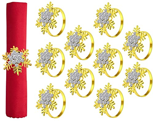 KAHEIGN 10Pcs Christmas Napkin Rings, Gold Snowflake Napkin Holders Xmas Napkin Buckle with Rhinestone for Christmas Lunch Thanksgiving Party Holiday Wedding Table Decoration (4.5cm x 4.5cm)