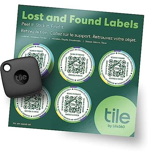 Tile Mate + Lost and Found Labels - Bluetooth Tracker for Keys, Bags and More; QR Scannable Labels for Laptops, Water Bottles, Kids Toys, Headphones and More. iOS and Android Compatible