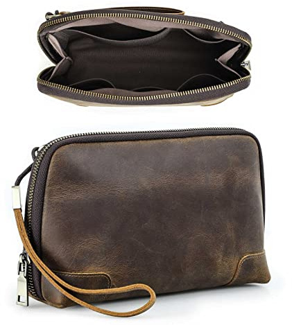 Contacts Bolso de viaje de cuero genuino para hombre con correa de muñeca, cartera con cierre de pasaporte y bolsillo con cremallera, bolso de mano grande con capacidad para teléfono para hombres