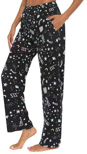 ENJOYNIGHT - Pantalones de pijama para mujer, largos, de algodón, con estampado, pantalones de dormir, pantalones de ocio con bolsillos y cordón, L