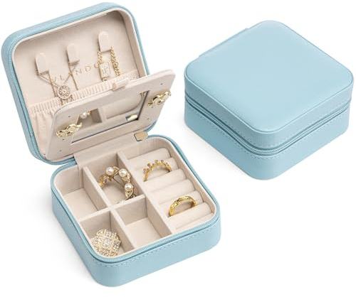 Vlando Small Faux Leather Travel Jewellery Box Organizer Display Storage Case for Rings Earrings Necklace with Mirror