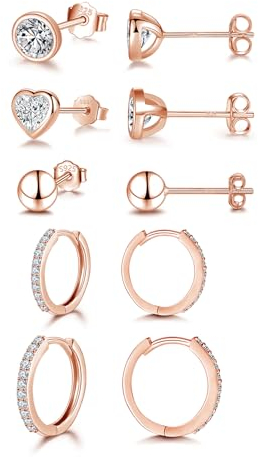 Ecripe 5 Paar 925 Sterling Silber Ohrringe Set für Frauen, 3 Paar Rosegold Mini Ohrstecker 2 Paar Creolen mit Cubic Zirkonia, Hypoallergene Klein Knorpel Ohrringe für Mädchen