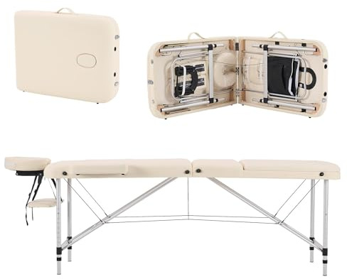 YOUNIKE Massageliege Mobile Klappbar 3 Zonen Höhenverstellbare Massagebank Aluminium mit Kopfstütze & Armlehnen und Tragtasche Massagetisch für Kosmetik Spa Salon Tattoo (Creme)