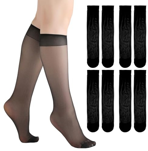 Guegine 4 Pairs Pop Socks Women Knee High Pop Socks Black Knee High Socks Made of Transparent Fabric, Super Elastic and asTights Sheer Nylon Stockings for Women，ladies Nylon Knee Tights(Black)