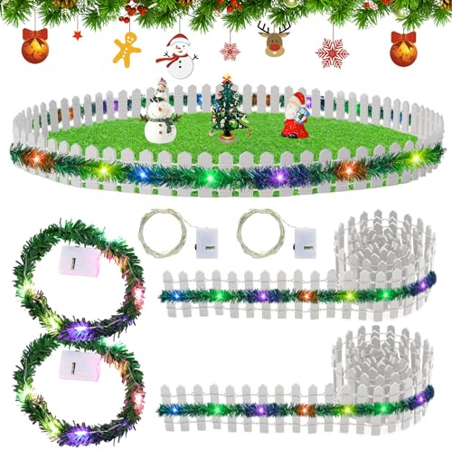 Lot de 2 accessoires de lutin de Noël miniatures - Clôture en bois - Mini clôture avec lumières (100 cm x 5 cm) - Belle clôture de lutin - Idéale pour les accessoires de maison de poupée, jardin