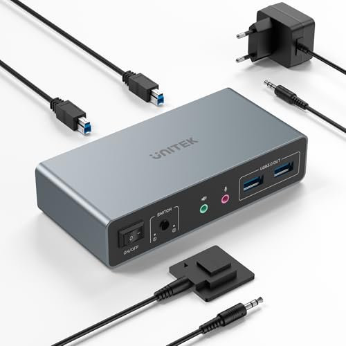 Unitek HDMI KVM Switch für 2 Monitore und 2 Computer, 4K@144Hz, USB 3.0 KVM-Switches, Dual-Monitor-Sharing, 3 Ports für Tastatur, Maus, Mikrofon, Kopfhörer-Ports, 2 USB-A-Kabel, DC 5V-Netzteil