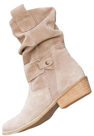 Slouch Mid Calf Flat Boots for Women UK 6 Clearance Low Heeled Flats Boots Mid Calf Boots Women Suede Slip On Casual Boots with Side Zipper Pull on Slouchy Flat Boots Beige