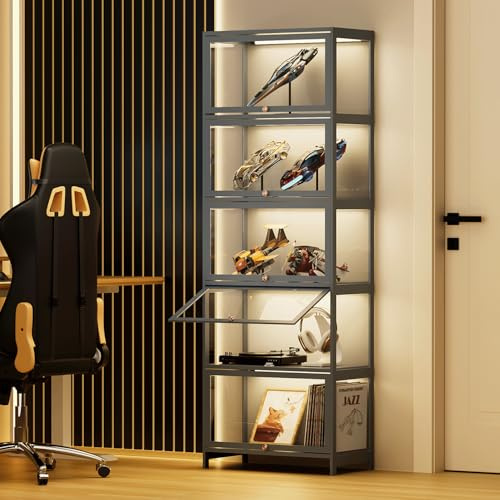 BRIGHTORIA 5-Tier Display Cabinet for Collectibles with Acrylic Doors, Gray