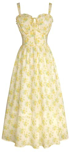 SCARLET DARKNESS Women's Yellow Midi Floral Dress Sleeveless Smocked Sweetheart Neck Casual Dresses for Summer Evening Going Out Night XL