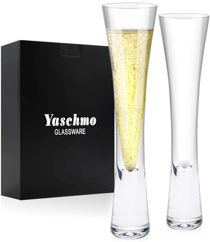Yaschmo Champagne Flutes Set of 2, Modern Unique Crystal Glass, Hand Blown