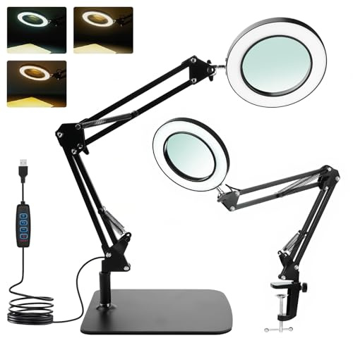 comeder Loupe 15X avec lumière et support – Bras réglable, 3 modes de couleur, LED à intensité variable, pince mains libres pour la lecture, l'artisanat, la couture et les loisirs (base 1)