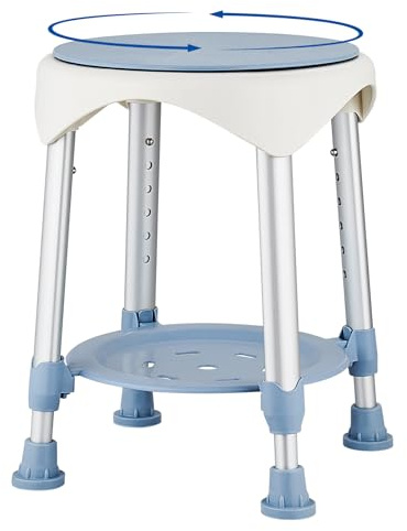 KSITEX Sgabello per doccia, Sgabello Girevole Migliorato per Anziani, Sedile per doccia Girevole a 360°con Piedini in Gomma Antiscivolo, Sedia da bagno Regolabile in Altezza su 6 Livelli con Ripiano