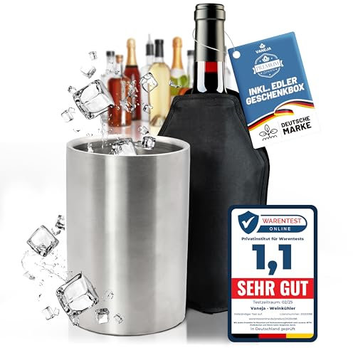 VANEJA Premium Weinkühler aus Edelstahl, Ø12 x 18 cm inkl. Kühlmanschette – Flaschenkühler & Sektkühler – Champagnerkühler, Getränkekühler Outdoor & Sekt Zubehör