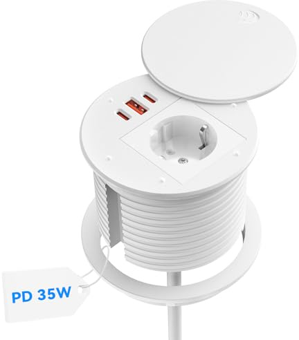 Ohuo Einbausteckdose USB C PD 35W, Versenkbare Steckdose mit USB 30W for Schreibtisch, Tischsteckdose Versenkbar mit Deckel und 2 USB C, Weiß
