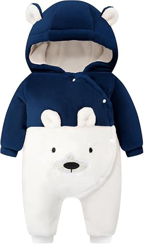 JiAmy Baby Snowsuit Newborn Flannel Bear Hooded Romper for 3-6 Months Blue and white