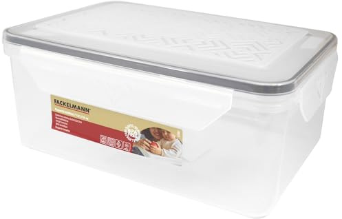 Fackelmann Contenitore Ermetico Rettangolare 3600ml - Maxi Formato per Conservazione Cibi - Frigo, Freezer, Microonde, Lavastoviglie - Trasparente, 4 Clip, Coperchio Anti-Scivolo