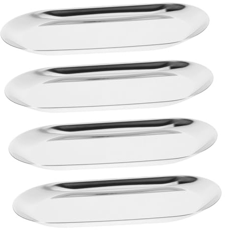 HIAKDOFT Vassoio Portaoggetti a Forma Ellittica in Acciaio Inossidabile Medio, Vassoio Portagioielli e Porta Candele Decorativo Argento, Organizzatore Salvaspazio Per Bagno e Cucina, Set 4 Pezzi