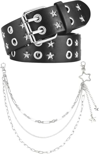 Tastetreasure Cinturón punk rock con remaches y ojales para mujer/hombre, Y2K E-Girl y cadena de estrella, cinturón de cuero ajustable con cadena de metal