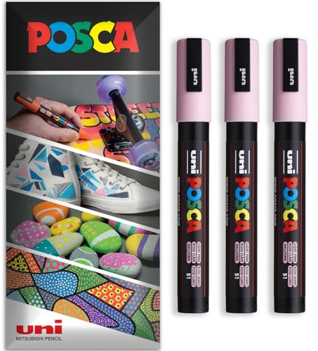 Posca - Marqueur permanent à base d'eau - Utilisation multi-surfaces - PC-5M - Lot de 3 stylos dans un étui (rose clair)